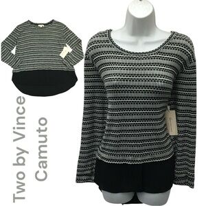 Two by Vince Camuto Knit Sweater Chiffon Shirttail Black White - Medium - NWT